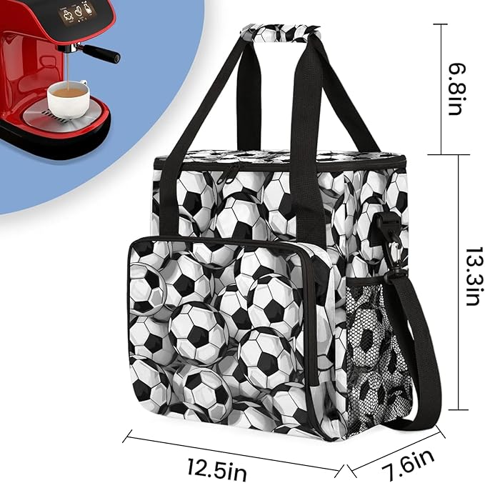 Football Black And White Coffee Maker Carring Bag Large Insulated Storage Organizer Case Tote Bags with Shoulder Strap for Travel Work Picnic