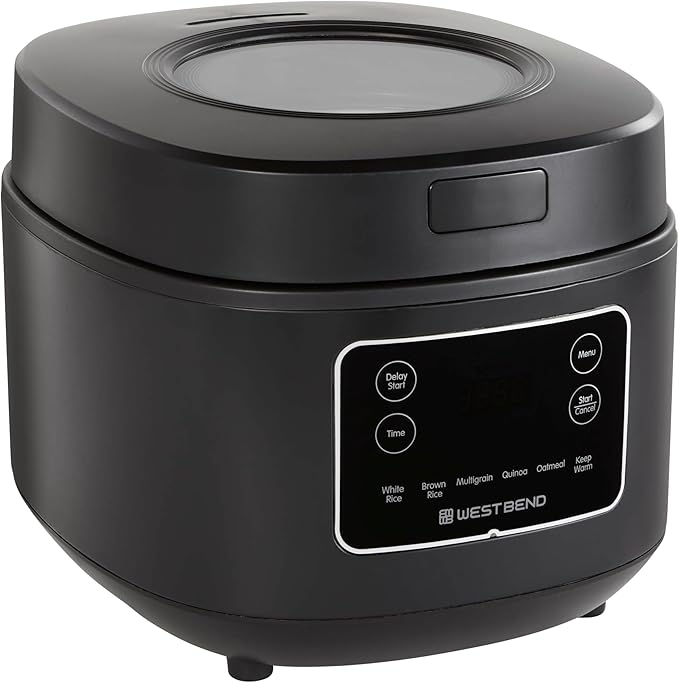 West Bend Programmable Rice &amp Grain Cooker with 7 Preset Functions Includes Delay Start and Keep Warm Features Easy View Window &amp Steam Basket 12 Cups Cooked (6 Uncooked) Black