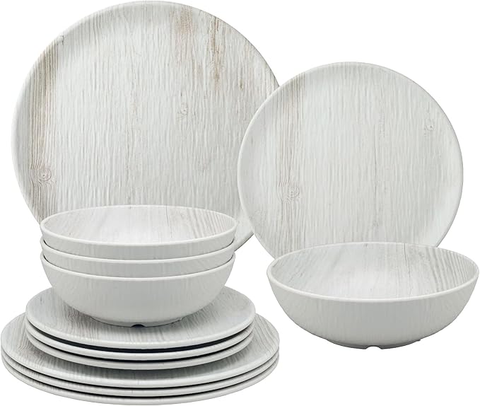 UPware 12 Piece Wood Grain Melamine Dinnerware Sets Outdoor Dishes Set Plates and Bowls Sets Service for 4 Gray