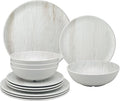 UPware 12 Piece Wood Grain Melamine Dinnerware Sets Outdoor Dishes Set Plates and Bowls Sets Service for 4 Gray