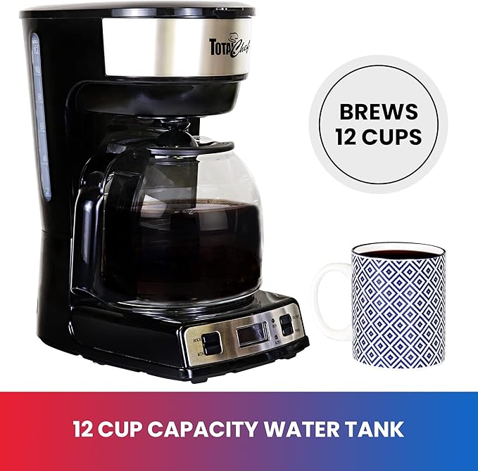Total Chef Drip Coffee Maker - 12-Cup Programmable Coffee Machine With Glass Pot Pause and Pour Auto Shut-Off Large Water Reservoir Reusable Filter Dishwasher Safe Carafe Percoladora de Café