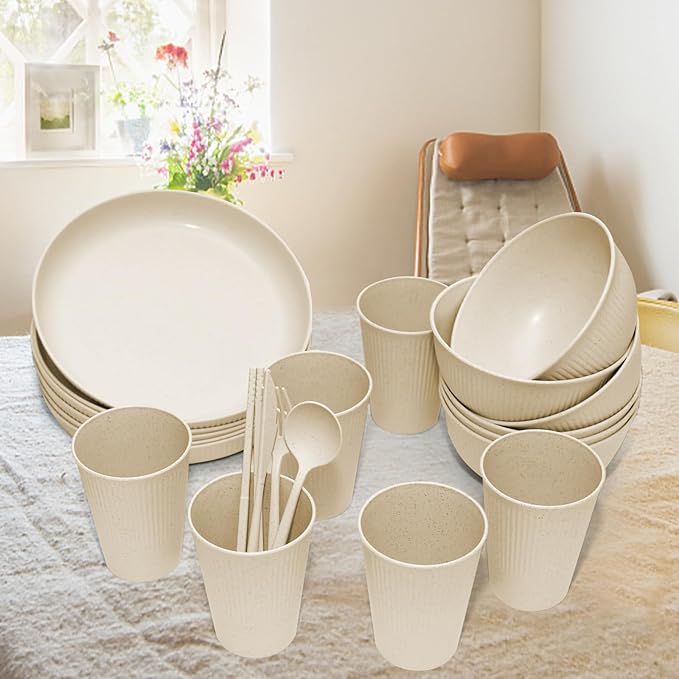 Wheat Straw Dinnerware Sets -DAPIPIK 42 Piece Unbreakable Dinnerware Sets for 6 Kitchen Plates and Bowls Set Lightweight Camping Plates Cups and Bowls Set.Dishwasher Microwave Safe Dinnerware