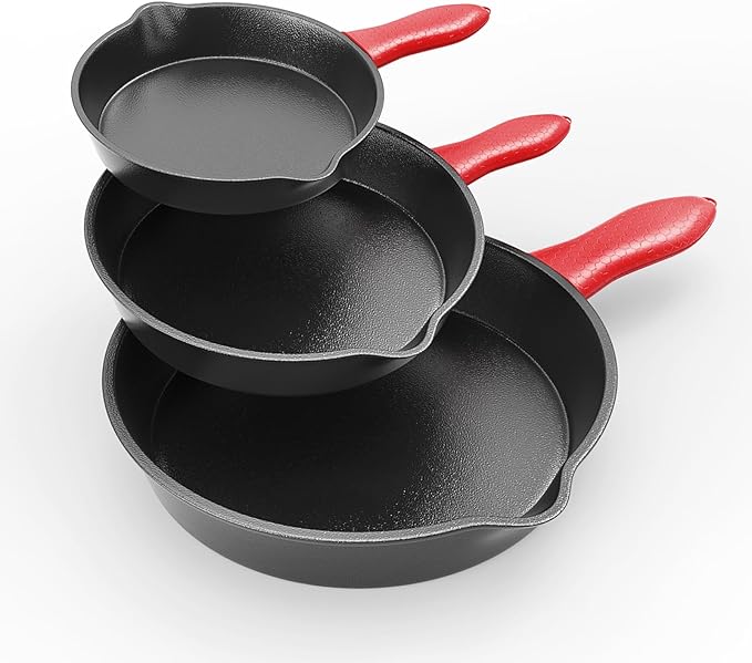 3 piece set cookware set 6 8 10 Inches for frying saute &ampmore easy use in the oven stove grill or campfire black with silicone heat-resistant cover