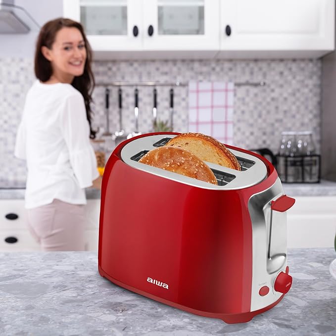 Aiwa Toaster 2 Slice Wide Slot Reheat and Defrost Function 6 Browning Settings Drop Down Crumb Tray Red