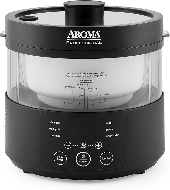 Aroma Housewares Professional 8-Cup (Cooked) SmartCarb Multicooker and Flavor-Lock Food Steamer for Low-Carb Rice and Grains Glass Inner Pot Black (AMC-800) Transparent Glass 4 Cup Uncooked Rice