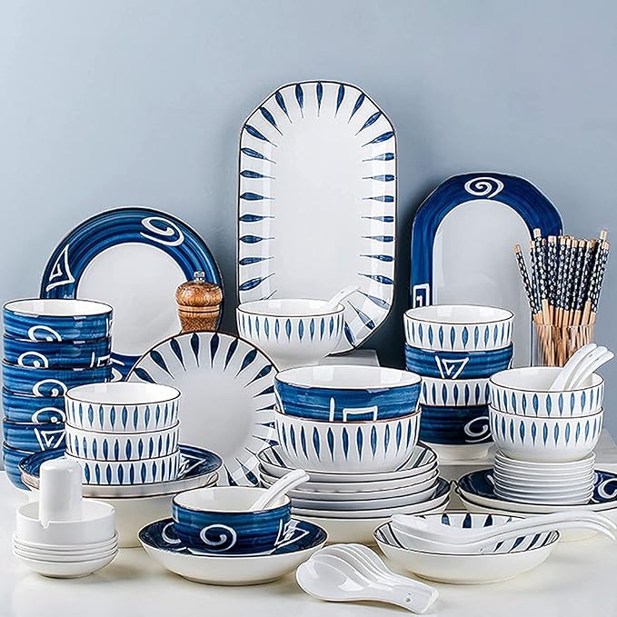 Porcelain Dinnerware Sets Plates and Bowls Sets Modern Ceramics Dinnerware Set Service for 8-12 Japanese Style Plates and Bowls Sets Dis（Mixed Colors 70 Pieces