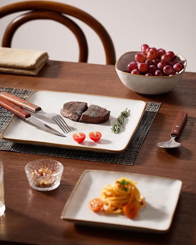 Famiware Dinnerware Sets for 4 Ocean Square 12-Piece Kitchen Plates and Bowls Sets Reactive Glaze Microwave and Dishwasher Safe Scratch Resistant Cappuccino White
