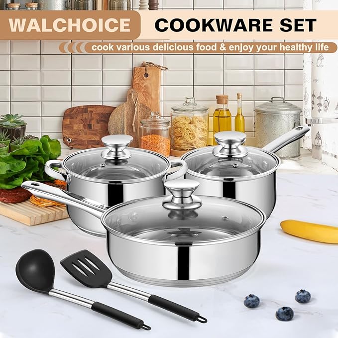 Walchoice 8-Piece Stainless Steel Cookware Set Kitchen Pots and Pans Set with Glass Lid for Cooking Kitchen Cookware Set with Utensils Induction &amp Dishwasher Safe Silver
