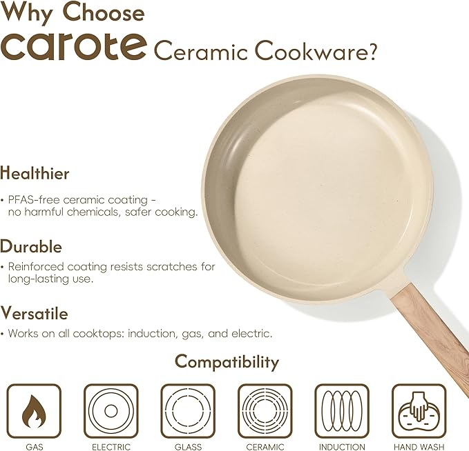 CAROTE 14Pcs Pots and Pans Set Non stick Ceramic Cookware Set Non-toxic Kitchen Cooking Set PFAS and PFOA Free