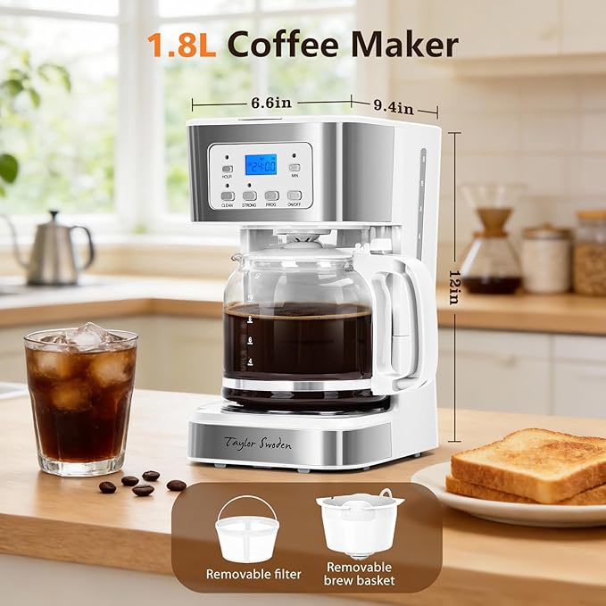 Taylor Swoden 12-Cup Programmable Coffee Maker Regular &amp Strong Brew Drip Coffee Machine for Home and Office Glass Carafe Pause &amp Serve Auto Shut Off White &amp Stainless Steel