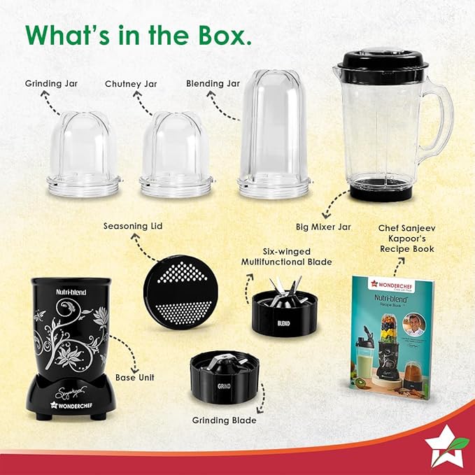 Wonderchef Nutri-blend Juicer Mixer Grinder Blender &amp Smoothie Maker 500W 22000 RPM Full Motor Unbreakable Jars Recipe book by Chef Sanjeev Kapoor 2 Jar 3 Jar Black