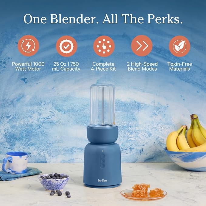 Our Place Splendor Blender - 1000W High-Power | Ultra-Sharp Blades | 2 Blending Modes | Includes 25 oz Personal Cup and Drinking Lid Set | Smoothies Shakes &amp More | Blue Salt
