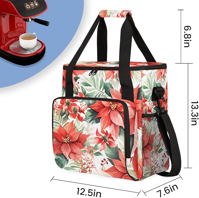 Christmas Flowers Coffee Maker Carrying Bag Oil Painting Flowers Travel Storage Bag Compatible with K-Mini or K-Mini Plus Single Serve Coffee Brewer Carrying Case with Pockets &amp Shoulder Strap
