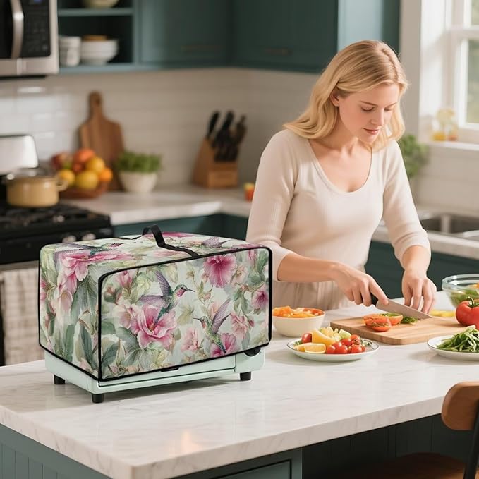Hummingbird Flower Printed Toaster Oven Dust Cover Heavy Duty Bread Maker Machine Covers with Side Pockets Kitchen Small Appliance Cover S