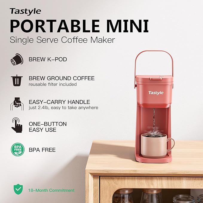 Single Serve One Cup Coffee Maker for K Cups and Grounds Mini Coffee Maker with Portable Handle 6 to 12 Oz Brew Size for Travel Camping Office RV and Dorm 120V Salmon Pink