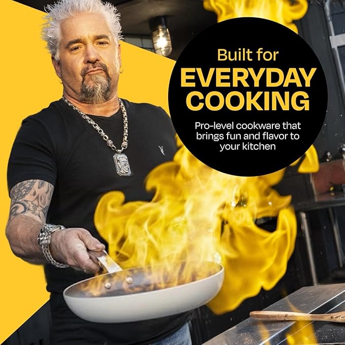 Guy Fieri's Flavortown 2-Piece Ceramic Cookware Set Nonstick Frying Pan Set 10 and 12 Easy-Clean Kitchen Cookware Made without PFAS PTFE PFOA Induction Compatible Dishwasher Safe Blue &amp Wh