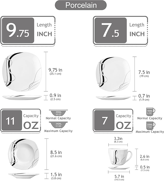 VEWEET Series Fiona 30-Piece Dinnerware Sets for 6 White Dishes Set with Black and Gray Stripes Porcelain Dinner Set Including Dessert Plates Soup Plates Dinner Plates Cups &amp Saucers