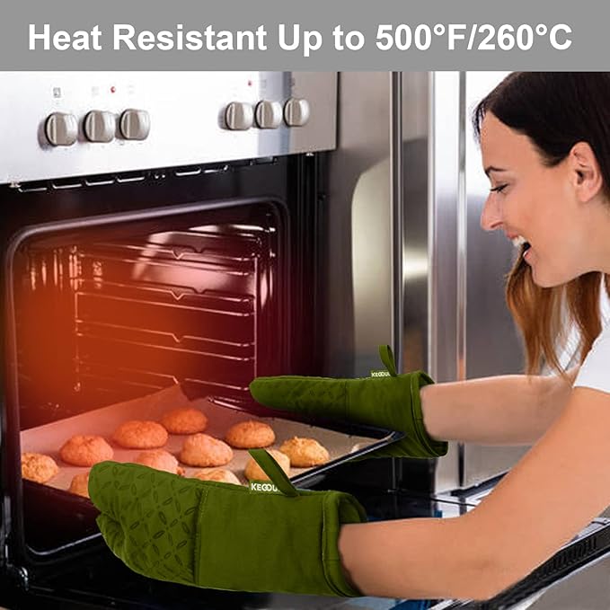 KEGOUU Oven Mitts and Pot Holders 6pcs Set Kitchen Oven Glove High Heat Resistant 500 Degree Extra Long Oven Mitts and Potholder with Non-Slip Silicone Surface for Cooking (Olive Drab)