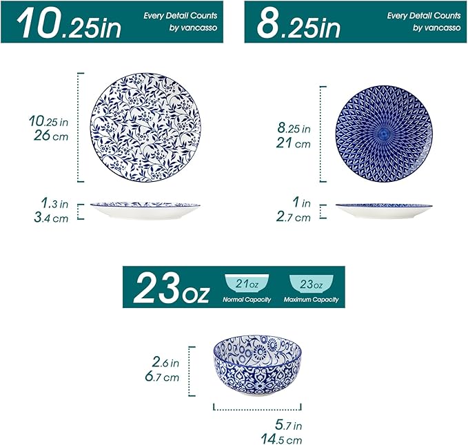 vancasso SELENE Plates and Bowls Set for 4 12 Pieces Dinnerware Sets Mircowave and Dishwasher Safe Dishes Set Porcelain Blue Dinnerware