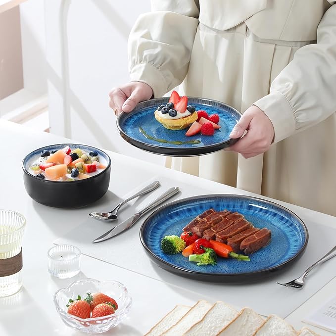 vancasso PLAYA Plates and Bowls Sets 18 Pieces Blue Dinnerware Sets for Kitchen Reactive Glaze Dishes Set for 6 Dishwasher and Microwave Safe