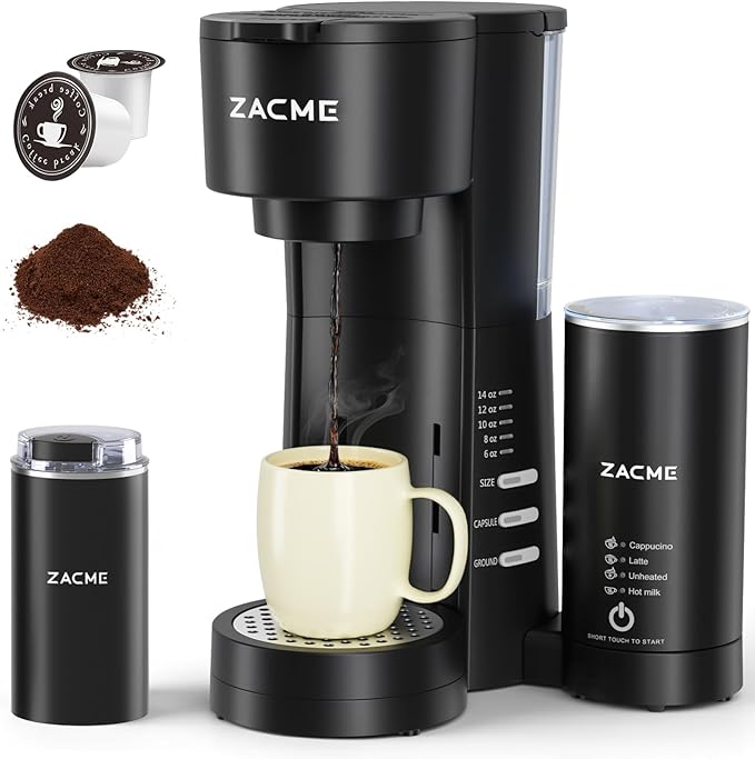 ZACME 4IN1 Single Serve Coffee Maker with Milk Frother &amp Grinder Small Coffee Machine for K Cup &amp Ground 28oz Water Tank 6 to 14 oz Brew Sizes Self-cleaning Function Adjustable Drip Tray