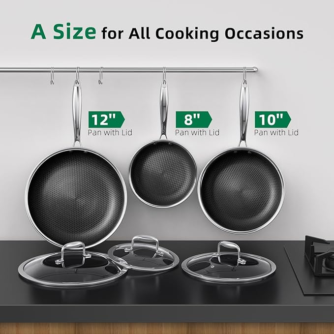 MOMOSTAR Hybrid Nonstick 6-Piece Frying Pan Set 8 10 and 12-Inch Cookware Sets with Tempered Glass Lids Dishwasher &amp Oven Safe Induction Ready Compatible with All Cooktops