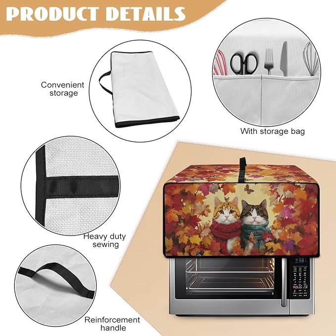 Doojoayie Cute Cat Toaster Cover 6 Slice Dust-Proof Toaster Oven Cover Stain Resistant Bread Machine Covers with Autumn Leaf Print Thanksgiving Home Kitchen Decoration