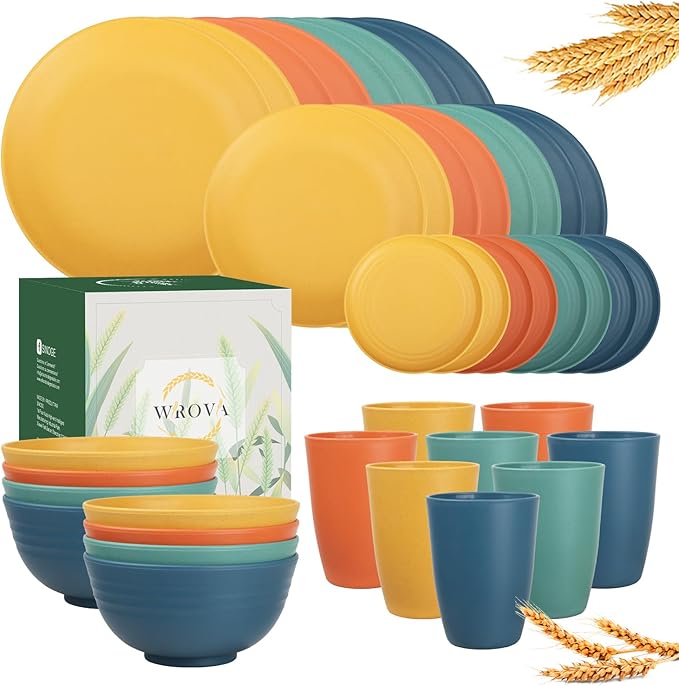 Wrova 40Pack plates and bowls sets for kids - Unbreakable wheat straw dinnerware sets service for 8 - Alternative plastic 40pcs dish sets for kitchen camping and indoors dinning - (Colorful)