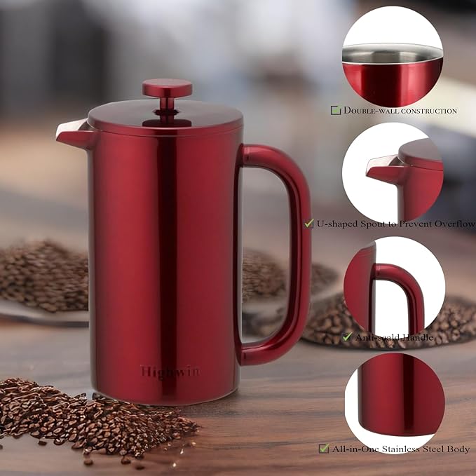 8-Cup Double Wall Insulated Stainless Steel French Coffee Press 32-Ounce Durable Coffee Tea Maker with Stainless Steel Plunger Red