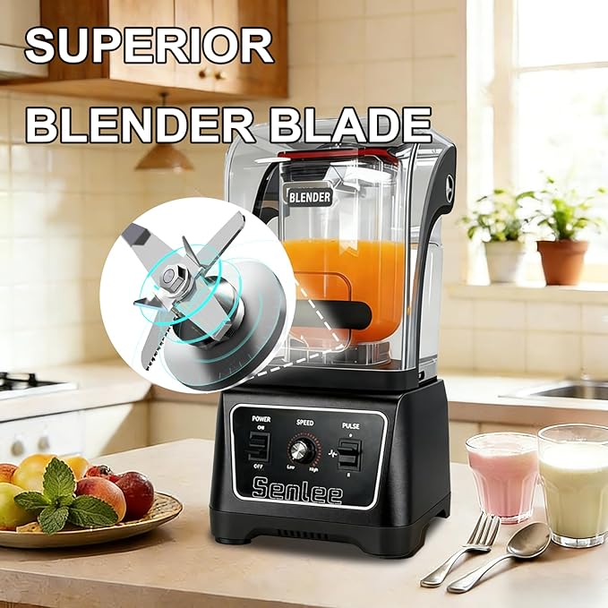 Commercial Blender Heavy Duty 2200W Professional-Grade with 64oz BPA-Free Jar Quiet Shield Self-Cleaning 6-Leaf Stainless Steel Blade for Smoothies Ice Crush Shakes - Restaurant &amp Kitchen Use