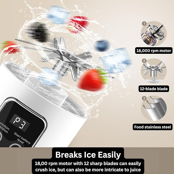 Portable Blender/juicer 12-Blade Cordless Smoothie Maker 15.2oz with Ice Crush Power USB-C Rechargeable Leakproof BPA-Free Self-Cleaning for Shakes Protein Juices Frozen Fruit (White 7.4V)
