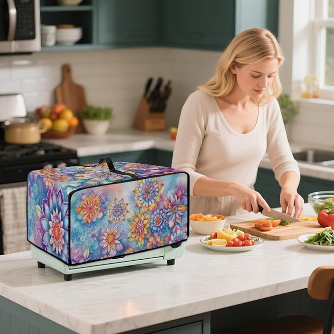 Heat-Resistant Toaster Oven Cover Faux Linen Polyester Appliances Dust Cover for Convection Toaster Oven Air Fryer with Top Handle Side Pockets Mandala Flower