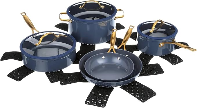 12-Piece Non-Stick Aluminum Cookware Set with Induction Base Oven Safe Black Finish (Blue &amp Gold)