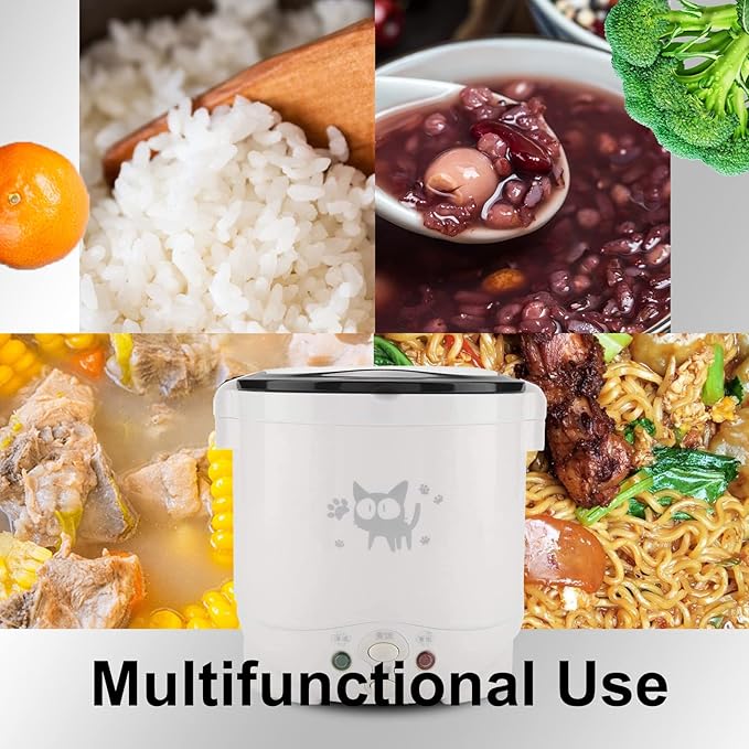 Mini Rice Cooker Vehicle-Mounted Rice Cooker 12V Thermal Insulation and Protection Function 1L Portable Steamer Boiling Pot Portable Handle Outdoor Boiling Cooker Portable Cooker (White)