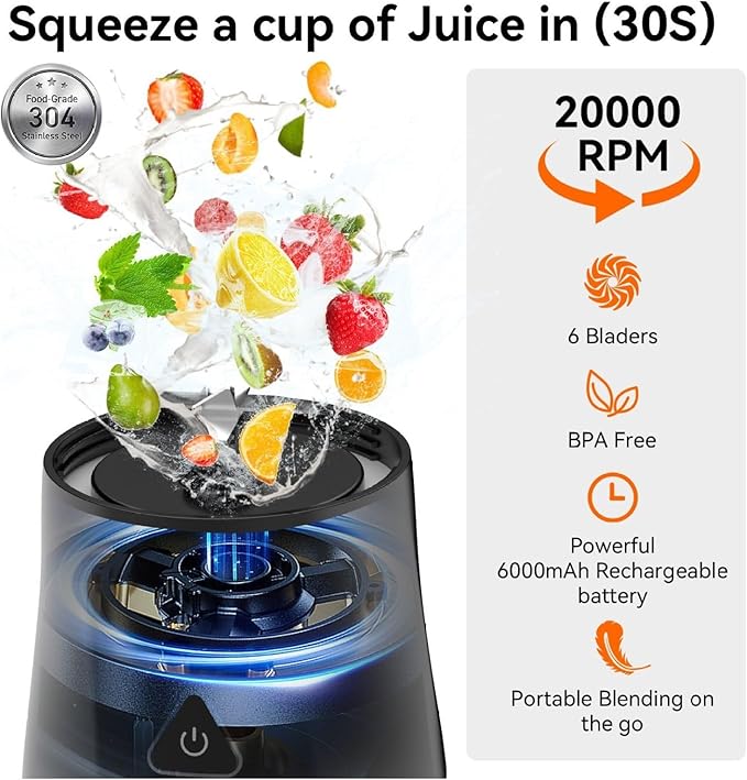 Portable Blender 6000mAh USB Rechargeable Smoothie Maker 24oz BPA Free Juicer Cup with 6 Blades for Shakes Travel Home &amp Office