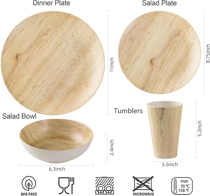 MissYIP 16 Pcs Melamine Dinnerware Set Service for 4Woodland Melamine Plates Set with Bowls and CupsNon-breakable Lightweight Dining Tableware Indoor and Outdoor useDishwasher SafeWood grain