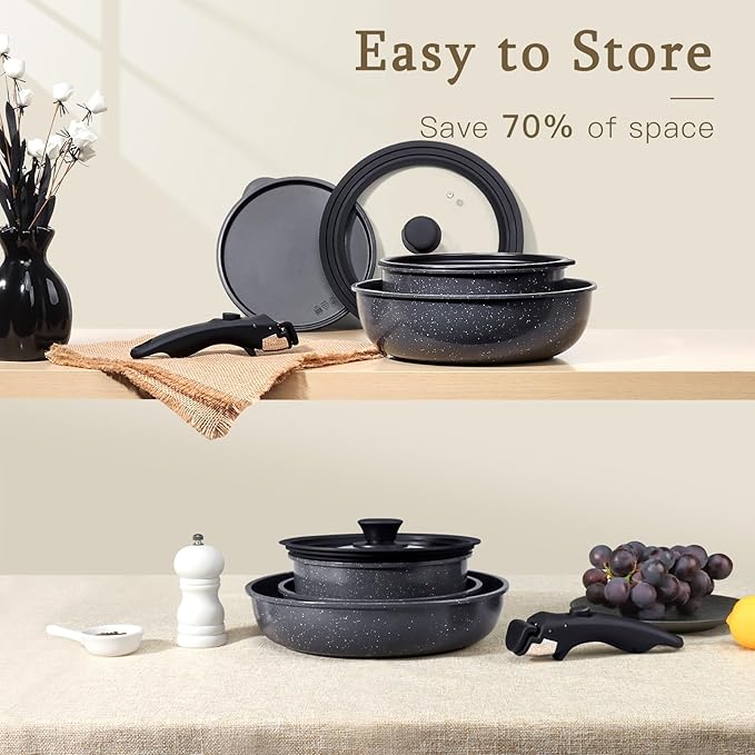 GiPP Ceramic Pots and Pans Set Non Stick Nonstick Detachable Handle Cookware Sets Healthy Non Toxic PFAS PFOA &amp PTFE Free Dishwasher ＆Oven Safe Induction Kitchen Pot and Pan 21 Piece Grey