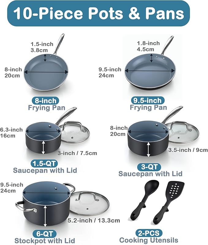 Cook N Home Pots and Pans Nonstick Ceramic Kitchen Cookware Sets Include Saucepan Frying Pans Stockpot with Lids Nylon Utensils 10-Piece Heavy Gauge Black &amp Gray
