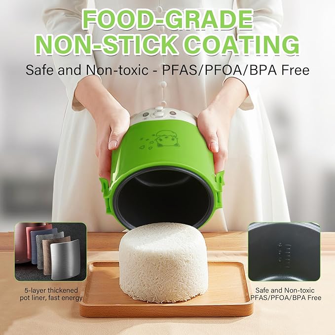 OSBA Mini Rice Cooker 1L Travel Rice Cooker Small 12V For Car Cooking For Soup Porridge and Rice Cooking Heating and Keeping Warm Function(Green)