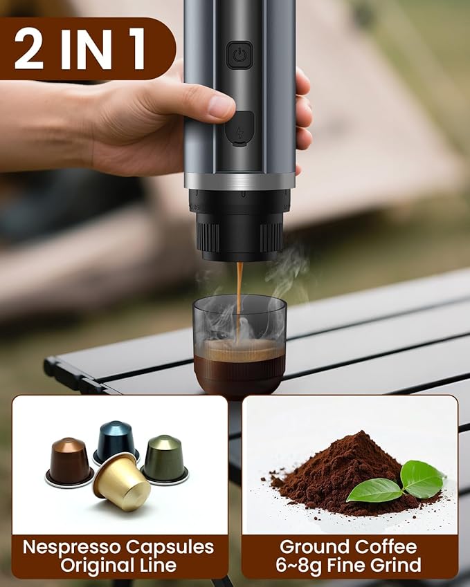 Portable Espresso Maker 20 Bar Electric Espresso Machine for Travel Camping Rechargeable USB-C Mini Coffee Maker for NS Capsule Pods and Ground Coffee Gray