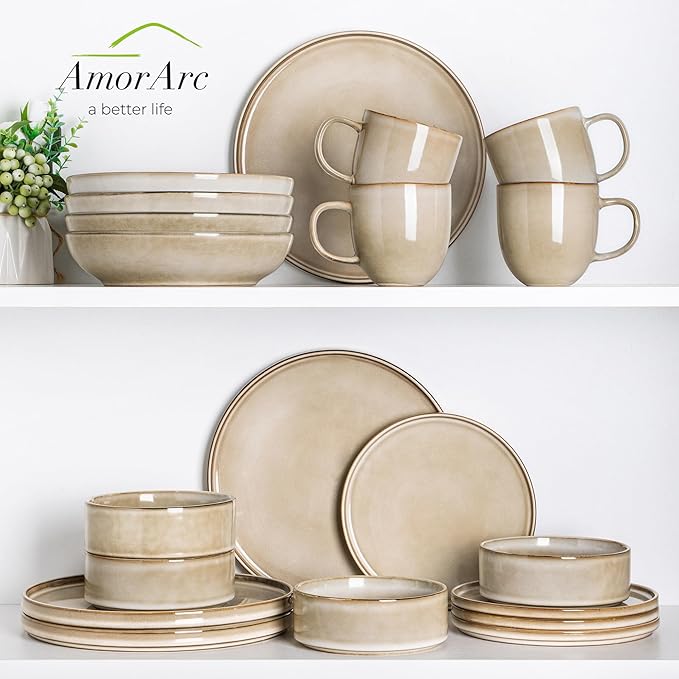 AmorArc Ceramic Dinnerware Sets Handmade Reactive Glaze Stoneware Plates and Bowls SetsHighly Chip and Crack Resistant | Dishwasher &amp Microwave Safe Dishes Set Service for 6 (18pc)