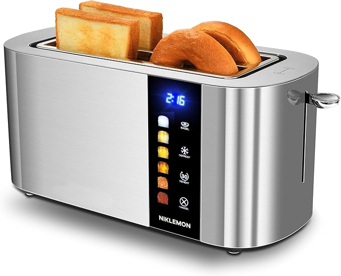 4 Slice Toaster NIKLEMON Full Stainless Steel Toaster with LED Display Touch Buttons with Long Extra Wide Slots Bagel Defrost Reheat Cancel Functions Removable Crumb Tray 1300W