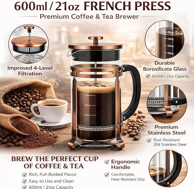 French Press Coffee Maker 21Oz Coffee Press with 304 Stainless Steel 4 Filters Borosilicate Glass Heat Resistant Carafe 100% BPA-Free Teapot &amp Coffee Press Copper Finish