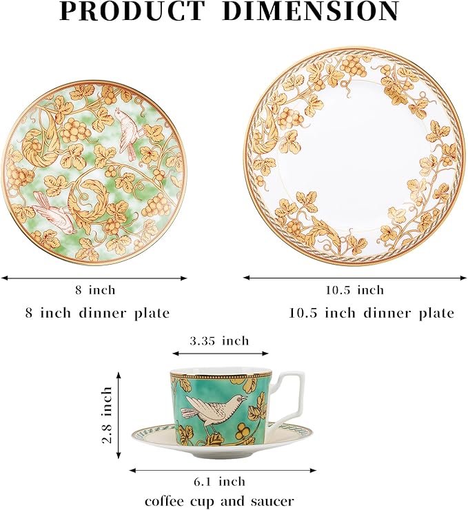 European style garden Dinnerware Set Service for 4Exquisite afternoon tea Bone China Dinnerware SetsSteak Dinner Plates Dish Set (16Pcs)Freezer Safe Elegant Dining Plates