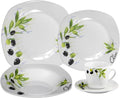 Stylish and Elegant 20 Pieces Porcelain Square Dinnerware Set Service for 4 People for Hosting Parties and Events - Fun Olive Tuscan Theme Design