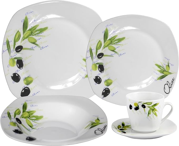 Stylish and Elegant 20 Pieces Porcelain Square Dinnerware Set Service for 4 People for Hosting Parties and Events - Fun Olive Tuscan Theme Design