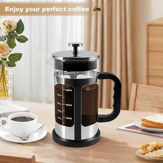 French Press Coffee Tea Maker Upgrade Heat Cold Resistant Thickened Glass with 4 Level Stainless Steel Filtration System Brew Coffee &amp Tea BPA Free Large 1000ml 34oz (Silver)