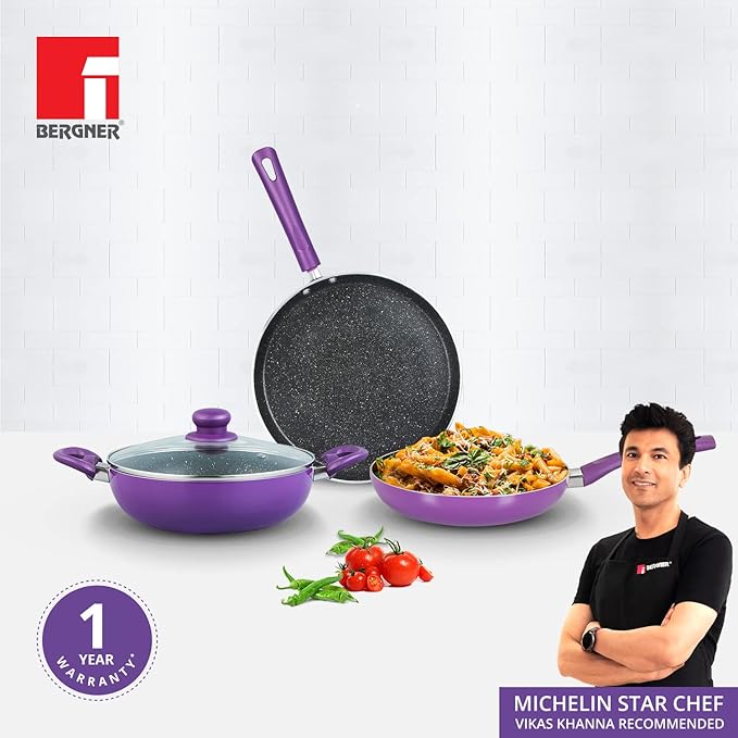 Bergner Albarino Non-Stick 4 Pcs Cookware Set - 24cm (2.5 L) Kadai with Glass Lid 24cm Frypan and 28cm Tawa Bakelite Handle Minimal Oil Use - Induction Bottom Diwali/Anniversary Gifting (Purple)
