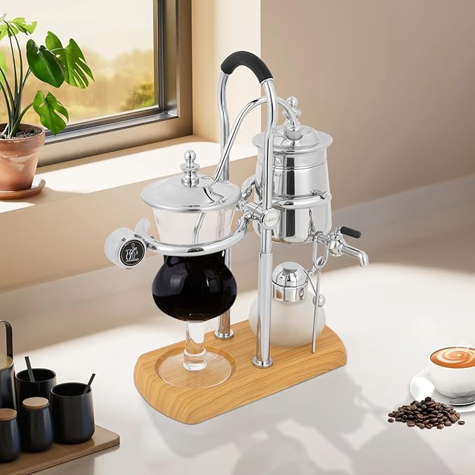 Vintage Siphon/Syphon Coffee Maker Belgian Luxury Coffee Brewer Pot 500ML Capacity Vacuum Coffee Maker for 4-5 Cups (Silver)