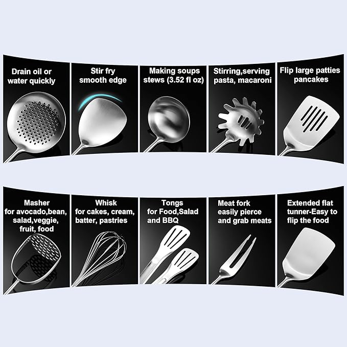 Kitchen Utensils Set Stainless Steel with Wooden HandleMetal Cooking Utensils Set 12 PCSSpatulasLadleSkimmerTunnersSpaghetti SpoonForkPotato MasherEgg WhiskTongs